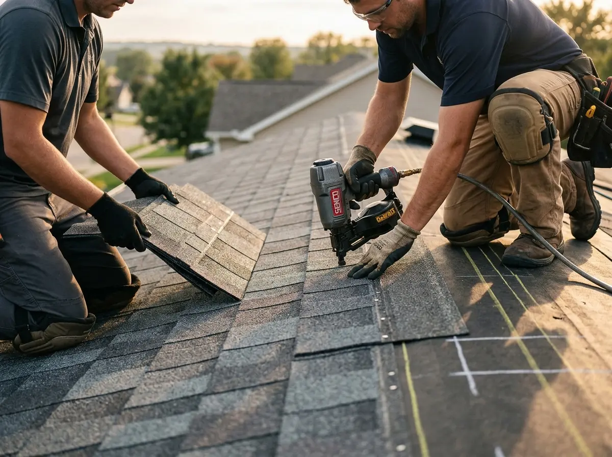 Professional roofer working on a residential roof in Fargo